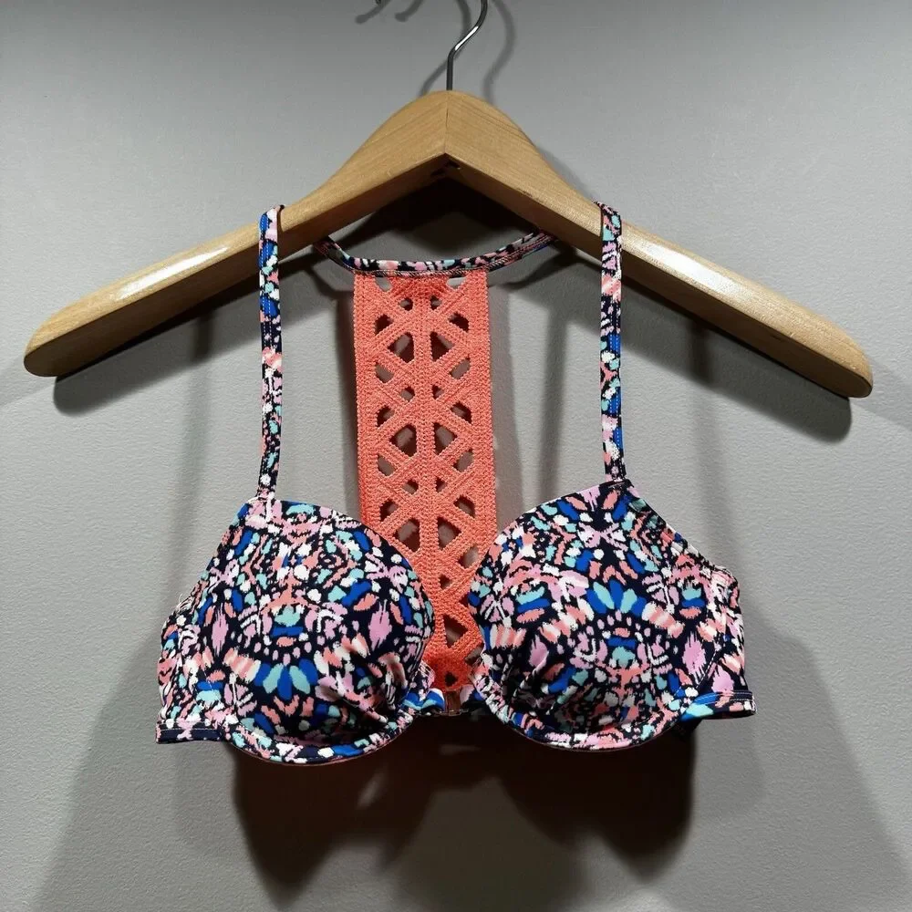 AERIE Womens Size 32B Tribal Pattern Racerback Bikini Top Coral Wired